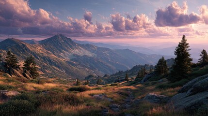 Snowy mountain range at sunset with warm light reflecting on the peaks and a hazy blue valley below, illuminated by the moon in the distance
