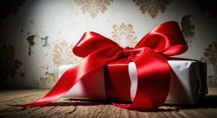 Elegantly wrapped white gift box with a luxurious red satin bow on a rustic wood surface