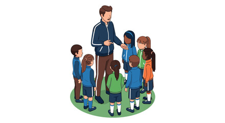 Coach guiding young soccer team strategy in meeting