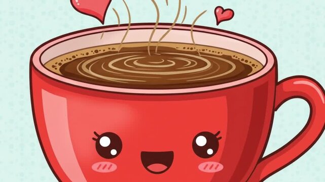 Animated kawaii coffee cup with hearts steam expresses love for coffee delightful cute animation
