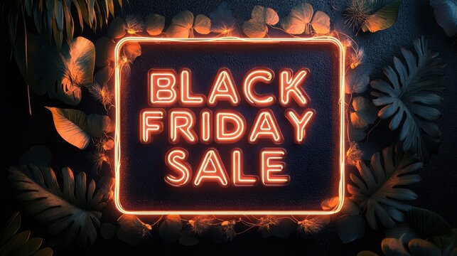 Black Friday Sale Neon Frame Surrounded by Leaves in Dark Wall, Advertising Signboard.