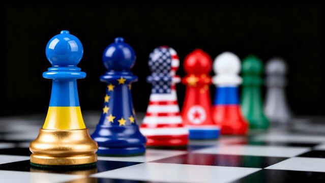 Chess pawns painted with national flags on a chessboard representing geopolitical strategy international relations and global conflict