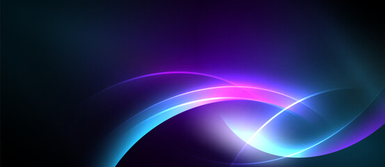 Abstract vibrant curves, luminous gradients. Dark background emphasizes bright energy, flowing shapes create dynamic visual impact.