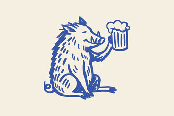 Naklejka premium Wild boar with beer mug hand-drawn sketch vector illustration