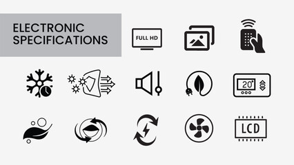 Electronic Product Specifications Icon Set: Display, Energy, and Performance