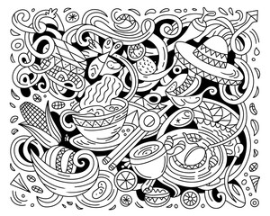 Obraz premium Whimsical mexican food and drink doodle art with sombrero and corn