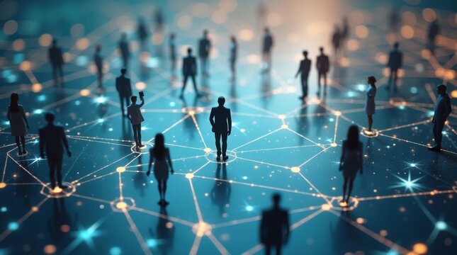 Red abstracta con sombras humanas sobre una cuadr&iacute;cula geom&eacute;trica