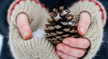 Winter Embrace: A pair of gloved hands tenderly cradles a pine cone, its textured surface dusted with fresh snow, embodying the serene beauty of the winter season.