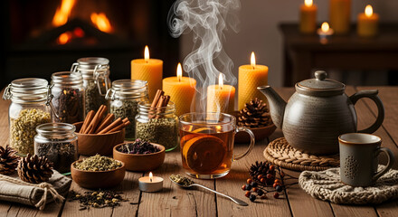 Cozy Ambiance: Aromatic scene, warm glow, capturing the essence of comfort and relaxation with the tea and herbs.