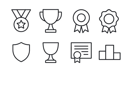 Minimalist outline icons of awards and trophies for achievement recognition