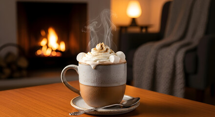 Cozy Warmth: A steaming mug of a hot beverage, adorned with marshmallows and whipped cream, sits invitingly on a wooden table, beckoning us closer to its warmth and comfort. In the background.