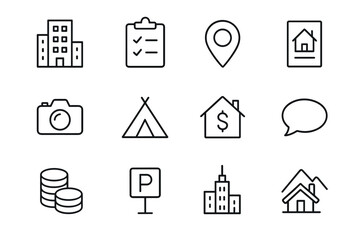 Minimal linear icons for real estate, travel, and urban planning themes