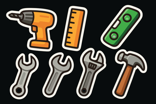 Colorful tool stickers drill, ruler, wrench, hammer in bold graphic style