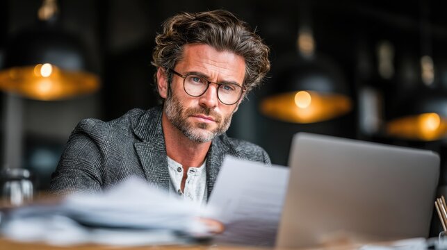 Latin financial expert reviews documents and works on laptop in office, analyzing law papers and company files for accuracy, preparing invoice overview at workplace