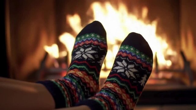 A person's feet in festive socks resting comfortably by a warmly burning fireplace on a cold winter night