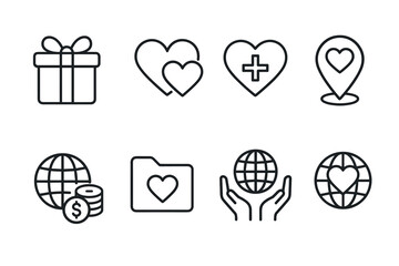 Line art icons of love, charity, and global care themes