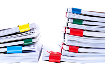 Two stacks of paper documents secured with colorful binder clips isolated on transparent background