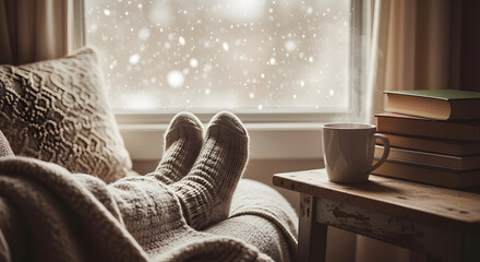 Cozy Winter Scene: Experience the ultimate comfort and warmth of a winter day as a person relaxes indoors, feet clad in cozy socks propped up near a window with falling snowflakes.