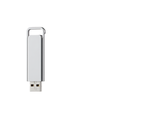 Shiny silver metal usb flash drive isolated on transparent background