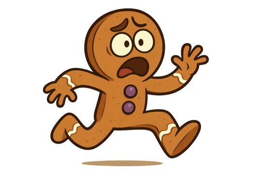 Gingerbread man running away scared, an adorable cartoon cookie character escaping from danger or fear, transparent background