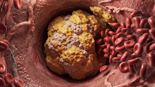 Intricate 3D rendering of cancer cells in a blood vessel, vivid and intense medical imagery, relevant for World Cancer Day awareness