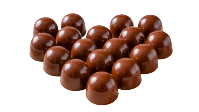 A group of glossy chocolate truffles arranged in a heart shape on a transparent background.