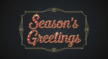 Elegant season's greetings message with red jewelencrusted text and gold frame on a dark background conveying festive holiday wishes and celebratory mood
