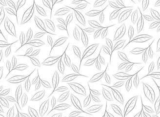 Seamless monochrome leaf pattern with simple botanical line art, ideal for packaging, wallpaper, textile, and decorative backgrounds.