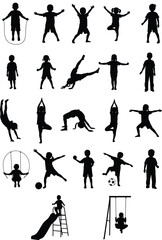 Fototapeta premium Silhouette collection of active children playing, jumping, exercising, and enjoying outdoor activities, showcasing diverse kid movements for creative vector design projects