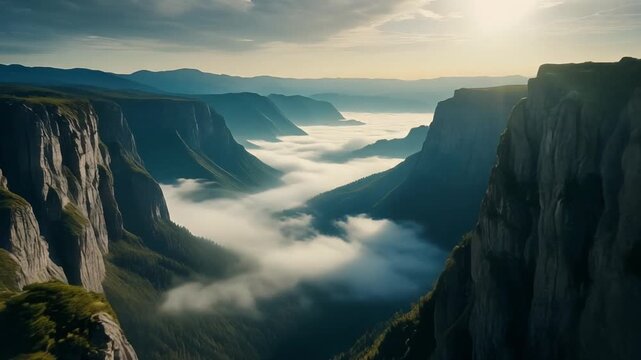 High mountain cliff edge overlooking a deep valley filled with rolling fog where sunlight gradually illuminates the upper ridges captured from a gliding elevated perspective
