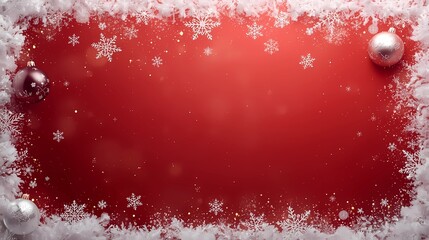 Soft red winter background with delicate frosted snow edges and intricate sparkling snowflakes gently falling, accompanied by silver ornaments that reflect warm glowing accents, filling the surroundin