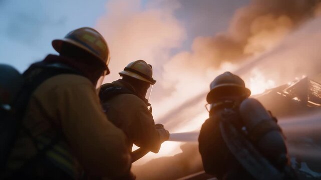 Team of firefighters spraying high-pressure water jets toward a burning residential building — an intense and emotional visual highlighting bravery, coordination, and the life-saving dedication of