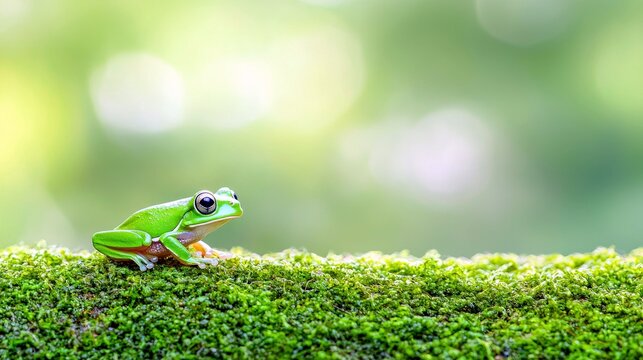 A bright green frog sits on a moss-covered surface, with a soft, out-of-focus green background.