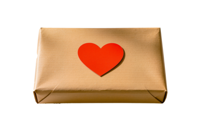 A gift wrapped in craft paper with a red heart glued to it, on a transparent background.