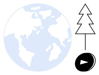 Earth with continents highlighted, geometric tree outline, and play button connected by a line. Ideal for sustainability, nature, environment, conservation, media, eco-consciousness global