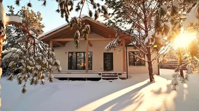 A cozy white house stands in a snowy winter landscape. Sun peeks through the trees, casting long shadows on the snow. The house has a wooden frame and a welcoming porch.