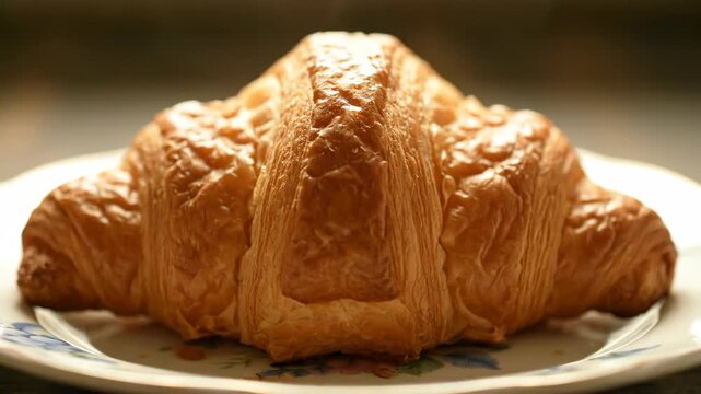 A close-up shot of a golden-brown, flaky croissant resting on a white plate with a delicate floral design, showcasing its delicious texture.