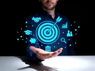 Hand holding a target with arrow and business icons glowing digital interface for success and achievement isolated on black background