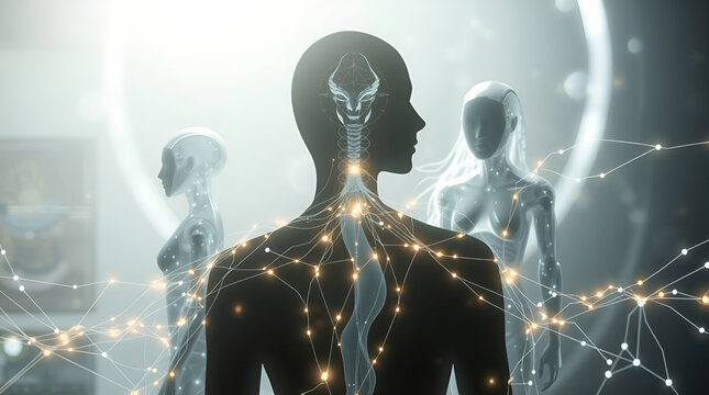 Futuristic concept showcasing human augmentation with neural networks and AI integration, exploring the potential of advanced robotics and cutting-edge technology for bioengineering