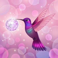 Obraz premium Iridescent purple pink hummingbird reaching for glowing orb magical fantasy nature wildlife