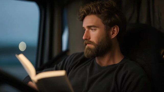 Truck driver resting in the sleeper cab of his vehicle, reading a book under soft cabin lighting &mdash; a peaceful, introspective scene that highlights the balance between long work hours and moments of