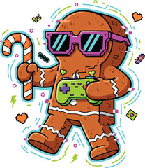 retro_futuristic_gingerbread_man_gamer_mascot_neon_glitch_blocky_christmas_holiday_isolated_illustration_icon_component