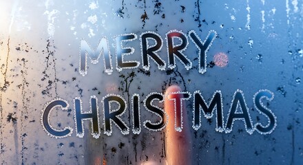 Finger drawing merry christmas message on a frosty window pane with ice crystals creating a festive holiday scene perfect for seasonal greetings and winter cheer