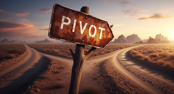 weathered sign reading "PIVOT" stands at a desert fork in the road, symbolizing the crucial decision to strategically change direction in business or life.