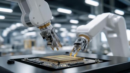 Ultra-modern precision electronics assembly lab with robotic arms delicately placing microchips on circuit boards, emotion of technological excellence and focus visible, symbolizing AI-driven