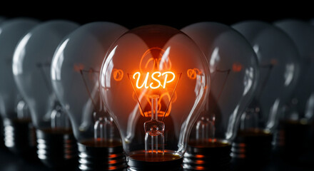 glowing light bulb stands out among dark ones, emphasizing "USP" (Unique Selling Proposition) as the central, differentiating, and successful business idea.