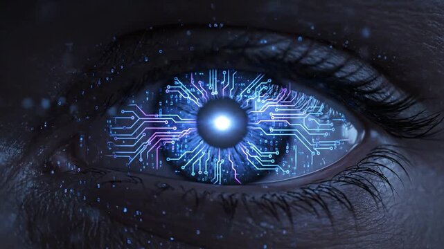 3D illustration of a human eye with a futuristic, digital iris. AI and vision concept.