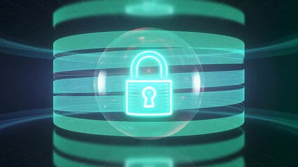Digital padlock icon glowing with neon blue light inside a transparent sphere surrounded by abstract futuristic light trails and grid pattern - Powered by Adobe