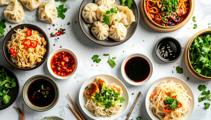 A vibrant overhead view of a diverse assortment of delicious Asian dishes and dipping sauces, artfully arranged on a clean white surface