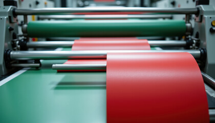 Christmas wrapping factory machinery with red and green paper rolls in production line, industrial equipment creating festive packaging for holiday season, efficient and vibrant atmosphere